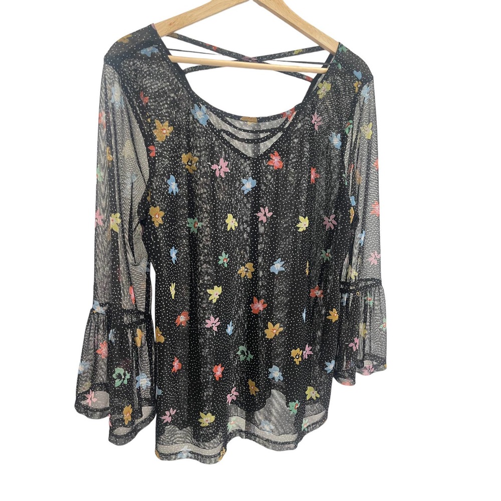 Cable & Gauge Women's Black Floral Polka Dot Long Sleeve Top Size XL #1290